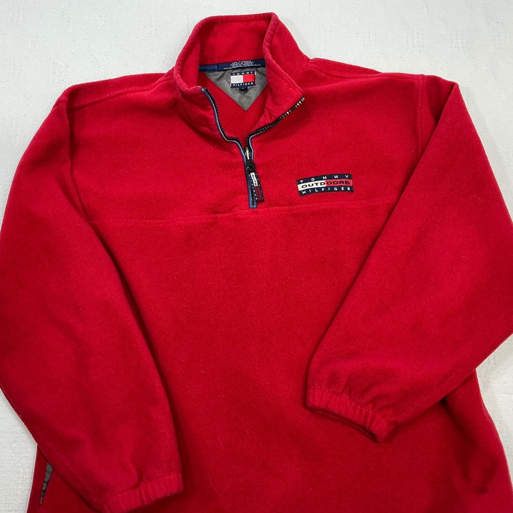 Tommy Hilfiger Outdoors Mens Red Fleece Quarter‎ Zip Pullover Large Vintage